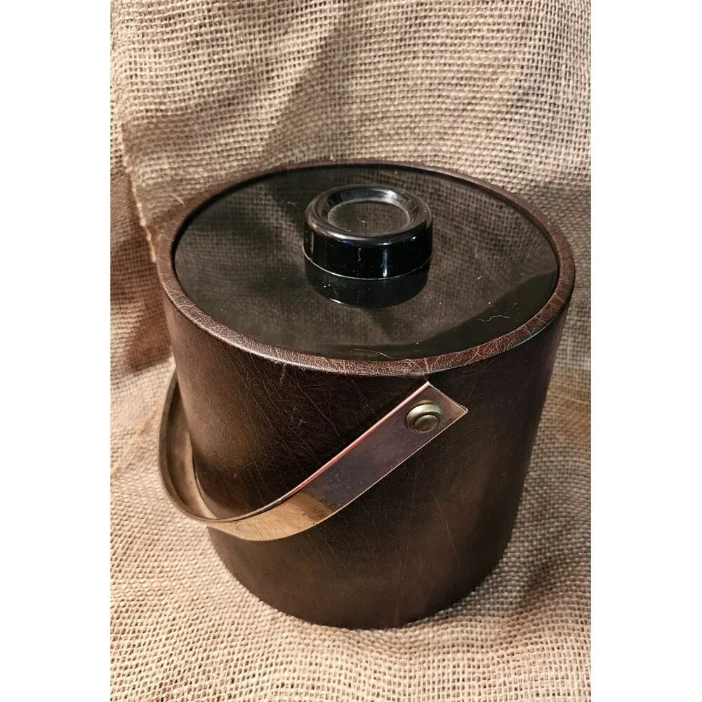 Vintage 1980's Ice Bucket Made in Italy #501 Laux Leather Gold Tone Metal Handle